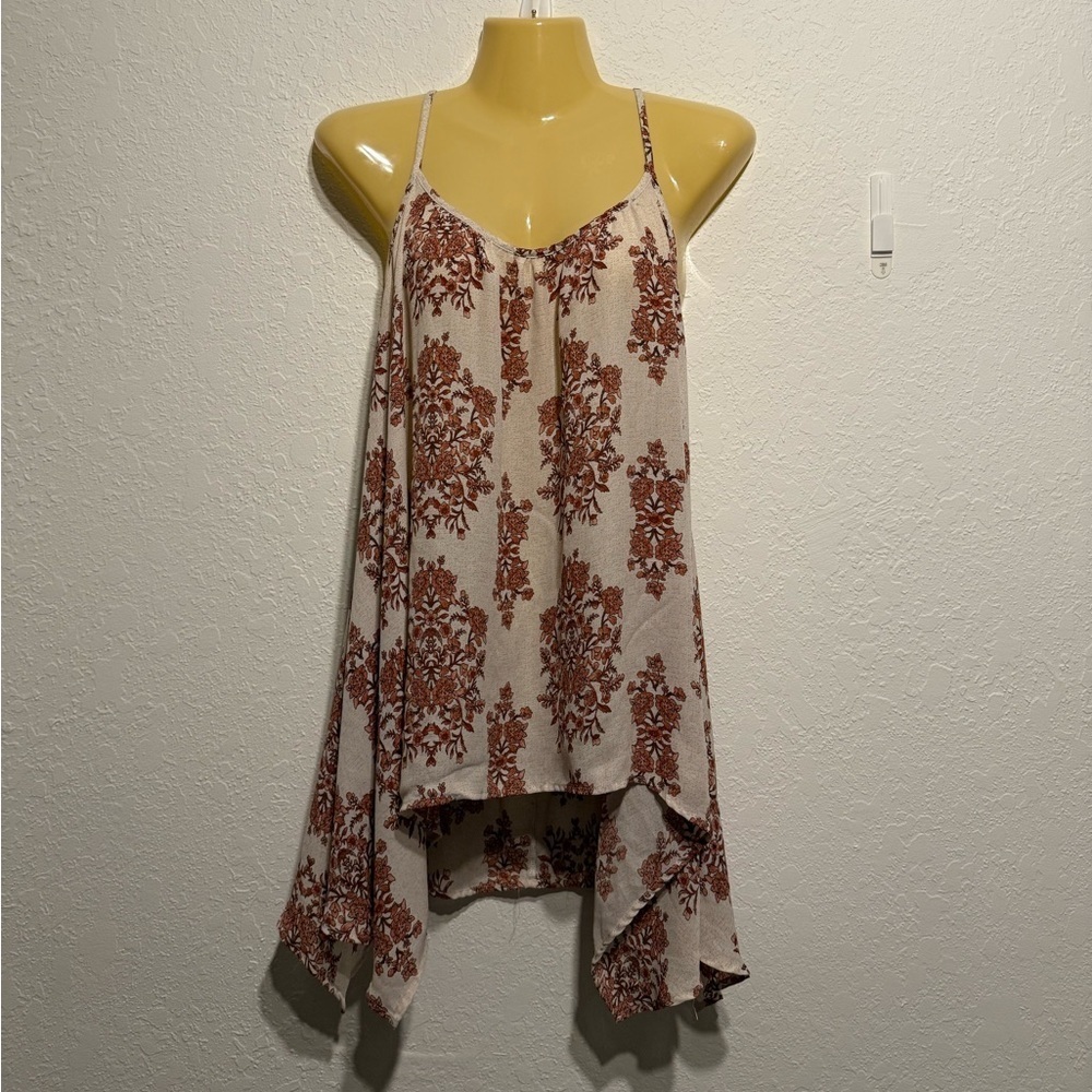 BKE Boutique Floral Handkerchief Hem Flowy Tank Beige Pink Blouse Brown Boho L